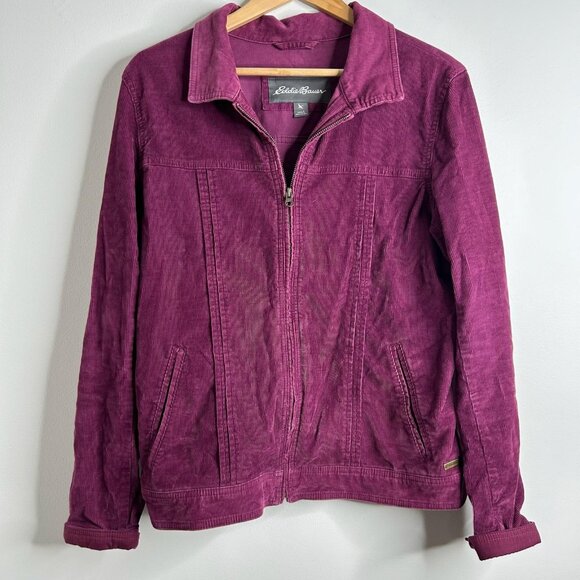 Eddie Bauer Curduroy Jacket Womens M Burgundy Full Zip Collared Pockets Outdoor - Picture 1 of 9